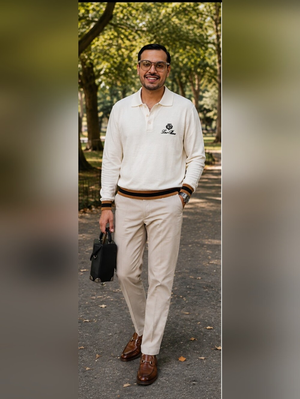 Loro Piana Cream Long-Sleeve Polo with Black & Brown Trim